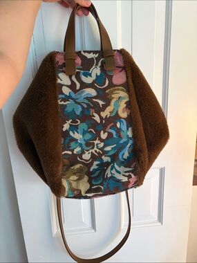 Anthropologie Brown Floral Mixed-Media Tote with Blue & Pink Accents